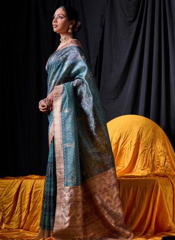 Teal color Printed Tussar Silk Classic Designer Saree