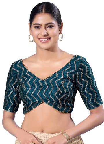 Teal Designer Blouse in Silk with Embroidered