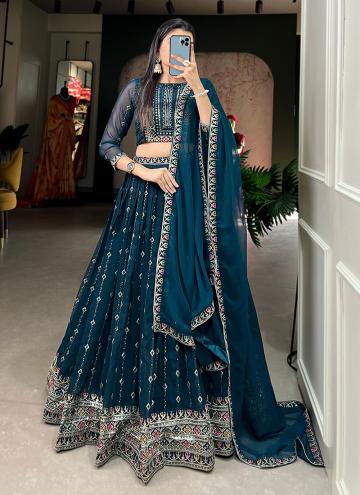 Teal Designer Lehenga Choli in Georgette with Embroidered