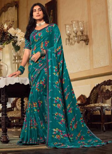 Teal Georgette Printed Contemporary Saree for Cere