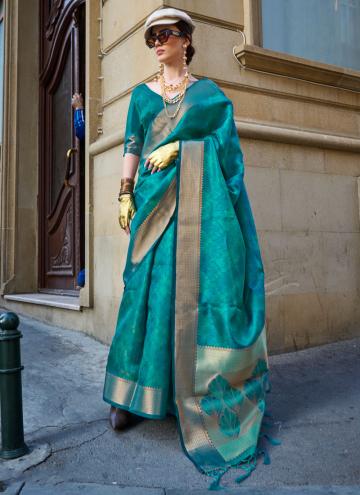 Teal Organza Woven Traditional Saree for Ceremonia