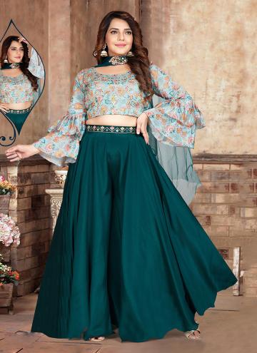 Teal Palazzo Suit in Silk with Mirror Work