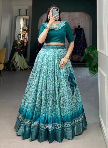 Teal Readymade Lehenga Choli in Silk with Floral P