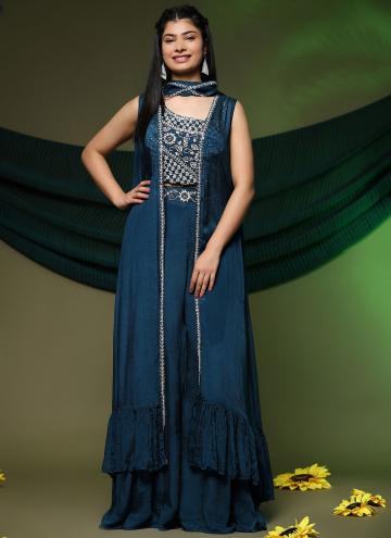 Teal Salwar Suit in Chinon with Embroidered
