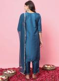 Teal Silk Blend Embroidered Trendy Salwar Kameez for Ceremonial - 1