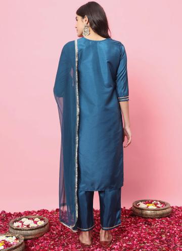 Teal Silk Blend Embroidered Trendy Salwar Kameez for Ceremonial