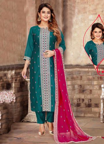 Teal Silk Embroidered Salwar Suit for Ceremonial
