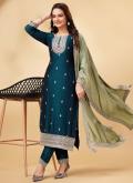 Teal Trendy Salwar Suit in Vichitra Silk with Cord - 3