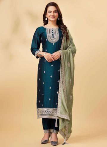 Teal Trendy Salwar Suit in Vichitra Silk with Cord