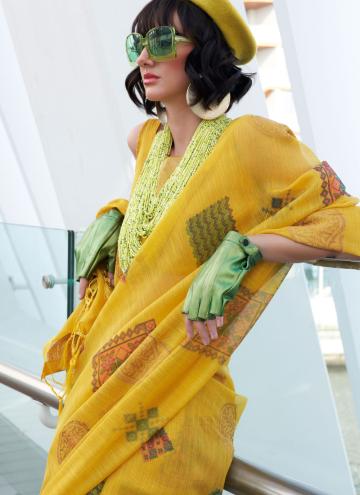 Tissue Contemporary Saree in Yellow Enhanced with Printed