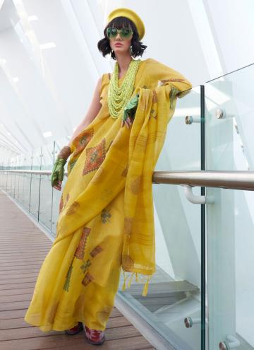 Tissue Contemporary Saree in Yellow Enhanced with Printed