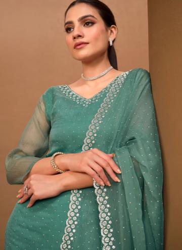 Turquoise Chiffon Swarovski Trendy Salwar Kameez for Ceremonial