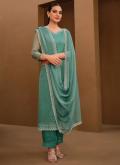Turquoise Chiffon Swarovski Trendy Salwar Kameez for Ceremonial - 2