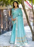 Turquoise Classic Designer Saree in Cotton  with Woven - 1