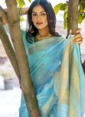 Turquoise Classic Designer Saree in Cotton  with Woven - 2