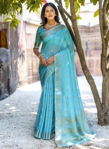 Turquoise Classic Designer Saree in Cotton  with W