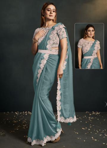 Turquoise color Crepe Silk Trendy Saree with Cord