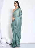 Turquoise color Embroidered Satin Silk Classic Designer Saree - 2
