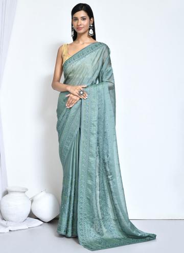 Turquoise color Embroidered Satin Silk Classic Designer Saree