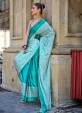 Turquoise color Faux Crepe Casual Saree with Print - 1
