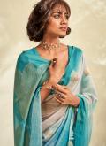 Turquoise color Printed Khadi Contemporary Saree - 1