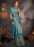 Turquoise color Woven Kanjivaram Silk Contemporary Saree - 1