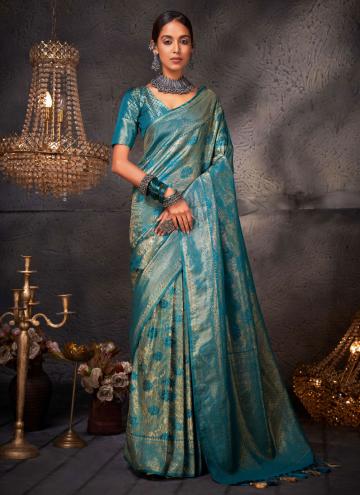 Turquoise color Woven Kanjivaram Silk Contemporary Saree
