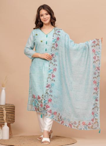 Turquoise Cotton  Hand Work Salwar Suit for Festiv