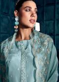 Turquoise Designer Salwar Kameez in Silk with Embroidered - 1