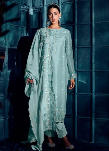 Turquoise Designer Salwar Kameez in Silk with Embroidered