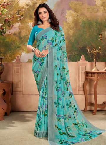 Turquoise Georgette Printed Contemporary Saree
