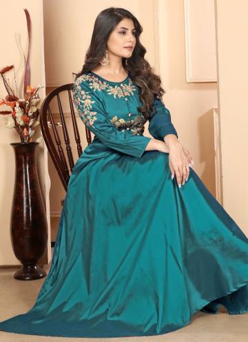 Turquoise Gown in Silk with Embroidered