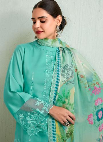 Turquoise Muslin Embroidered Pant Style Suit