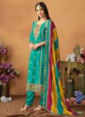 Turquoise Pant Style Suit in Chinon with Embroidered - 1