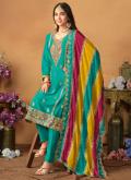 Turquoise Pant Style Suit in Chinon with Embroidered - 2