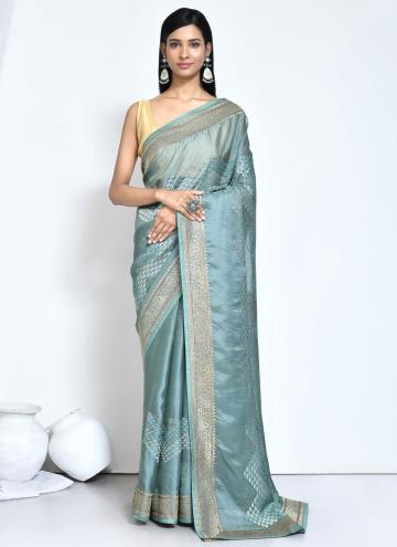 Turquoise Satin Silk Woven Contemporary Saree for Engagement