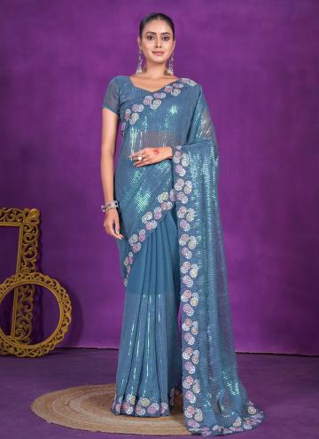 Turquoise Shimmer Embroidered Classic Designer Sar