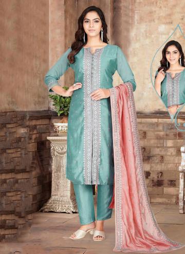 Turquoise Silk Embroidered Salwar Suit for Ceremonial
