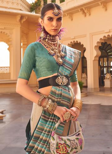 Turquoise Silk Printed Trendy Saree