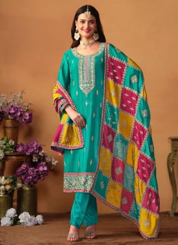 Turquoise Trendy Salwar Suit in Chinon with Embroi