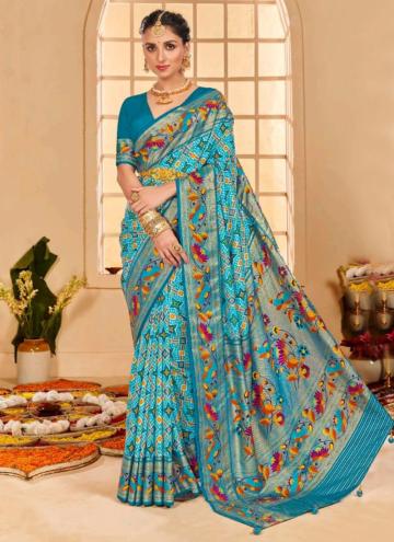 Tussar Silk Casual Saree in Teal Enhanced with Dig
