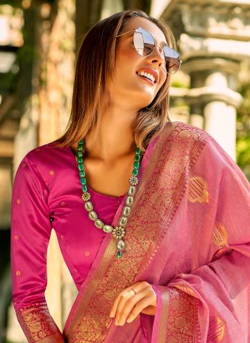 Tussar Silk Classic Designer Saree in Pink Enhanced with Woven