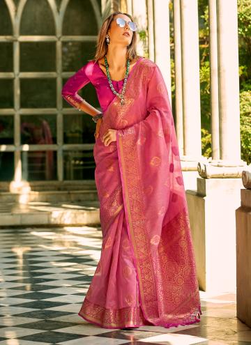 Tussar Silk Classic Designer Saree in Pink Enhanced with Woven