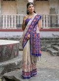 Tussar Silk Contemporary Saree in Cream and Purple Enhanced with Printed - 2
