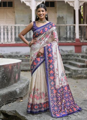 Tussar Silk Contemporary Saree in Cream and Purple Enhanced with Printed
