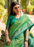 Tussar Silk Contemporary Saree in Green Enhanced with Woven - 1
