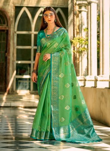 Tussar Silk Contemporary Saree in Green Enhanced w