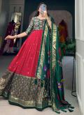 Tussar Silk Designer Gown in Red Enhanced with Foil Print - 1