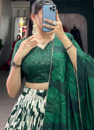 Tussar Silk Designer Lehenga Choli in Green Enhanced with Floral Print
