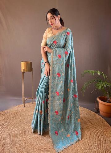 Tussar Silk Designer Traditional Saree in Blue Enhanced with Embroidered